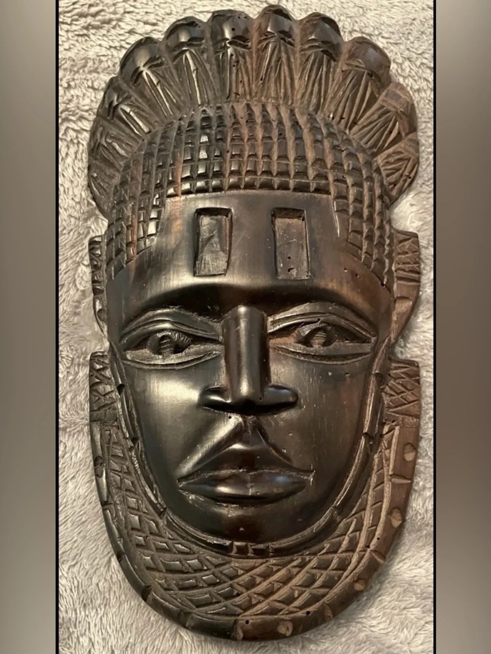 Vintage African Nigerian Hand Carved Wooden Face Mask Wall Art Queen Idia Benin